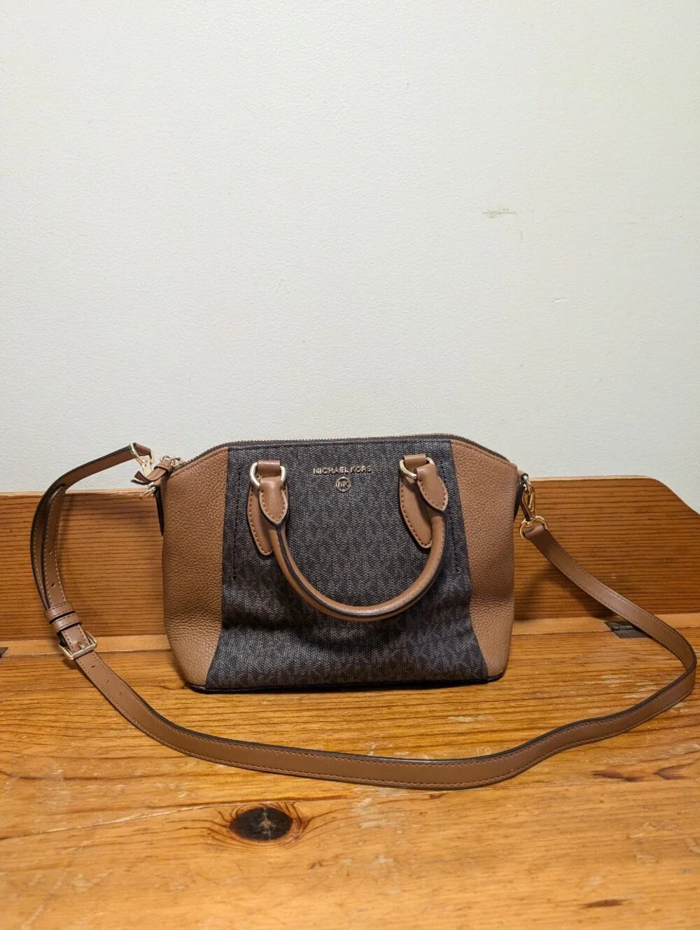 Michael Kors Small Dome Satchel MK Signature Brown Tan Crossbody
